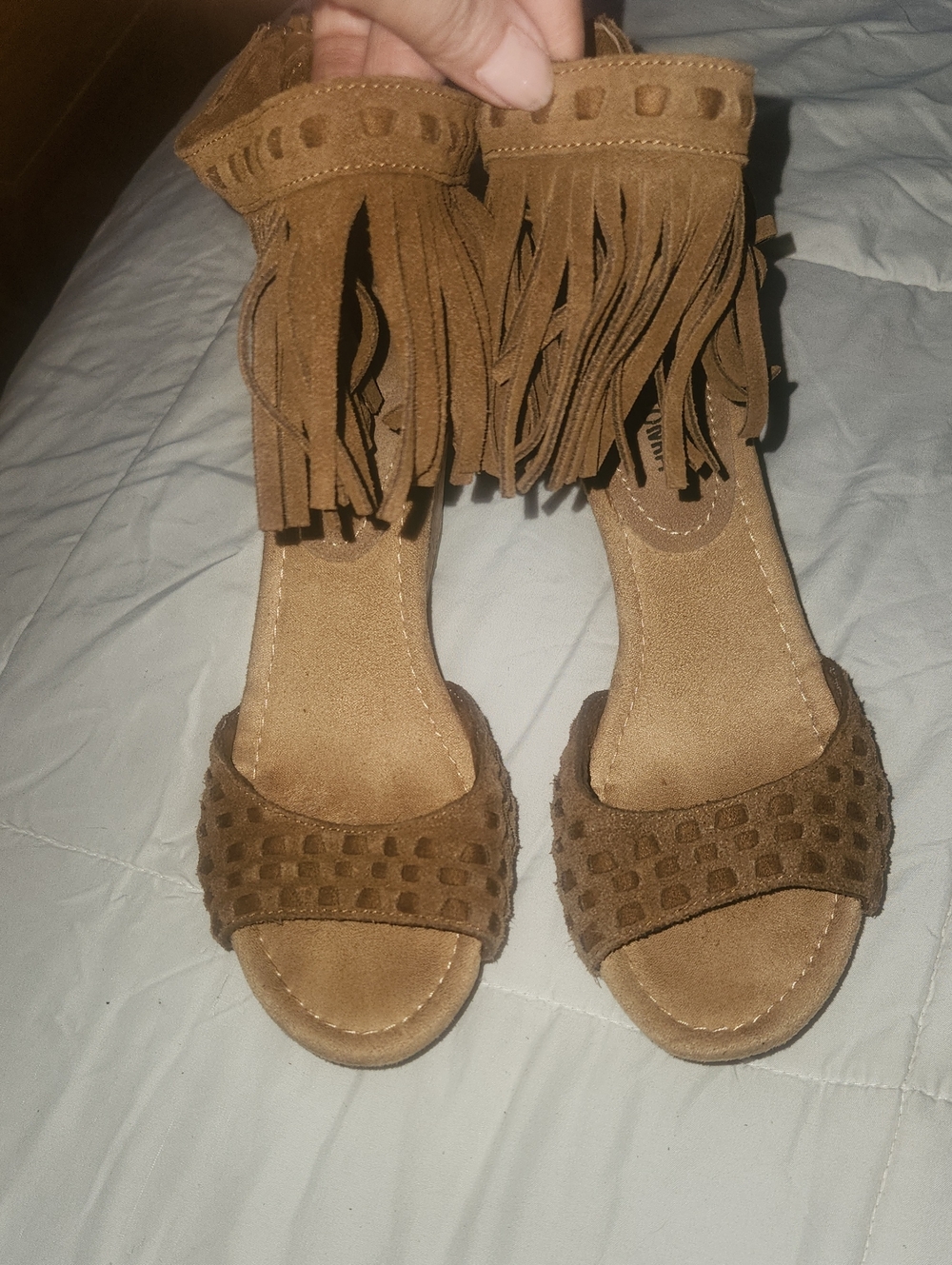 Minnetonka Brown Suede Fringe Ankle Strap Sandals